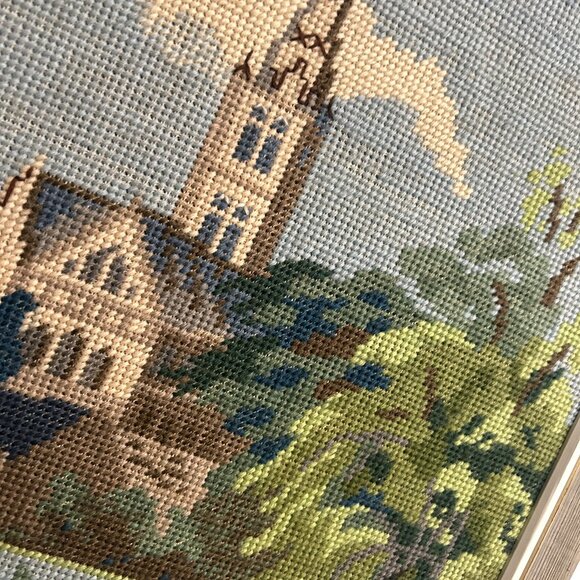 Vintage Handmade Cross-Stitch Framed Church River Scene Religious Cottagecore - Picture 3 of 5